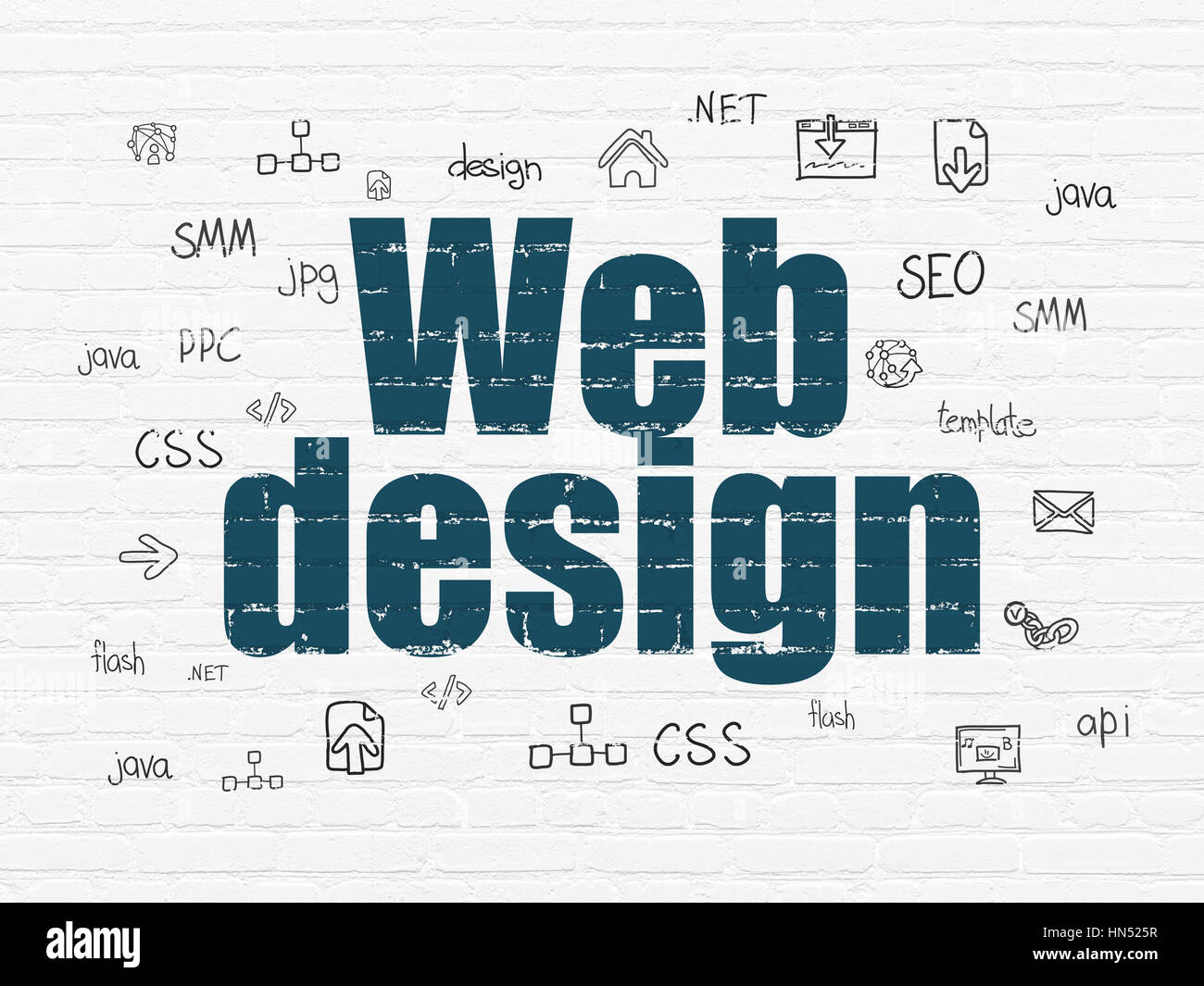 Web development concept: Painted blue text Web Design on White Brick ...
