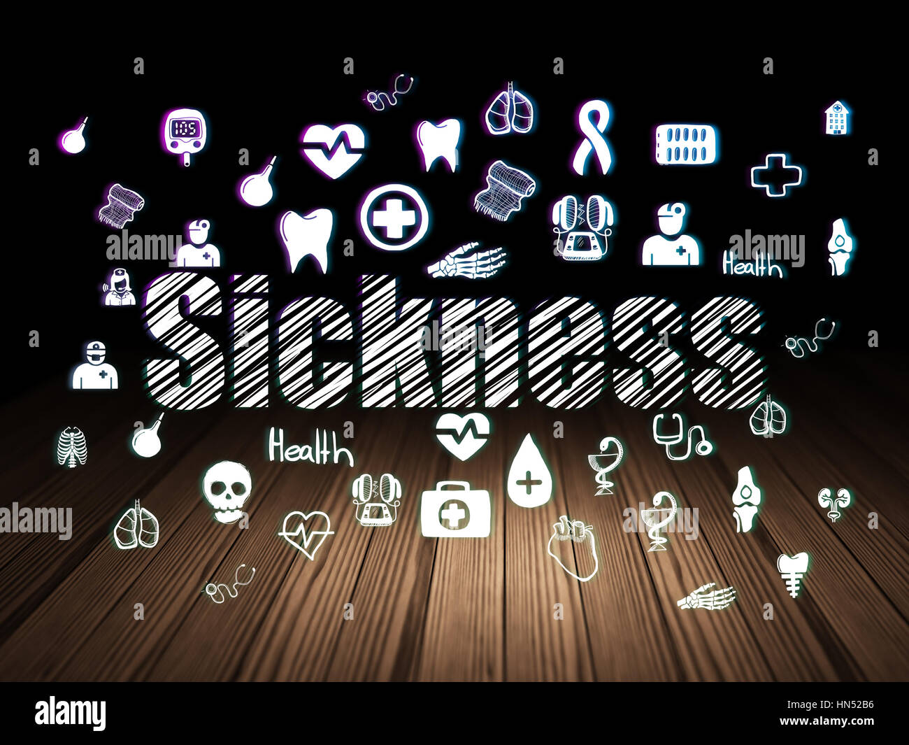 Healthcare concept: Glowing text Sickness, Hand Drawn Medicine Icons in ...
