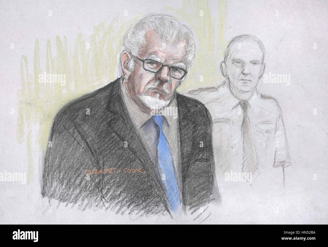 A court artist sketch by Elizabeth Cook of Rolf Harris at Southwark Crown Court in London as the disgraced entertainer has been found not guilty of three of the seven alleged assaults said to have taken place over four decades, following a second trial at London's Southwark Crown Court. Stock Photo