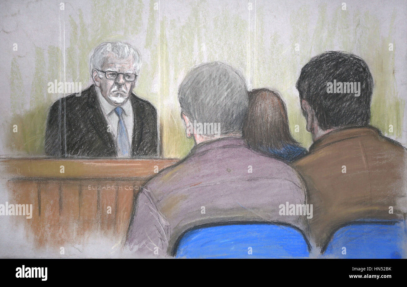 A court artist sketch by Elizabeth Cook of Rolf Harris at Southwark Crown Court in London as the disgraced entertainer has been found not guilty of three of the seven alleged assaults said to have taken place over four decades, following a second trial at London's Southwark Crown Court. Stock Photo