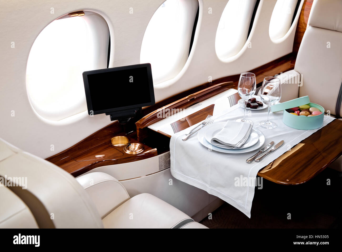 Flying by business class aircraft Stock Photo