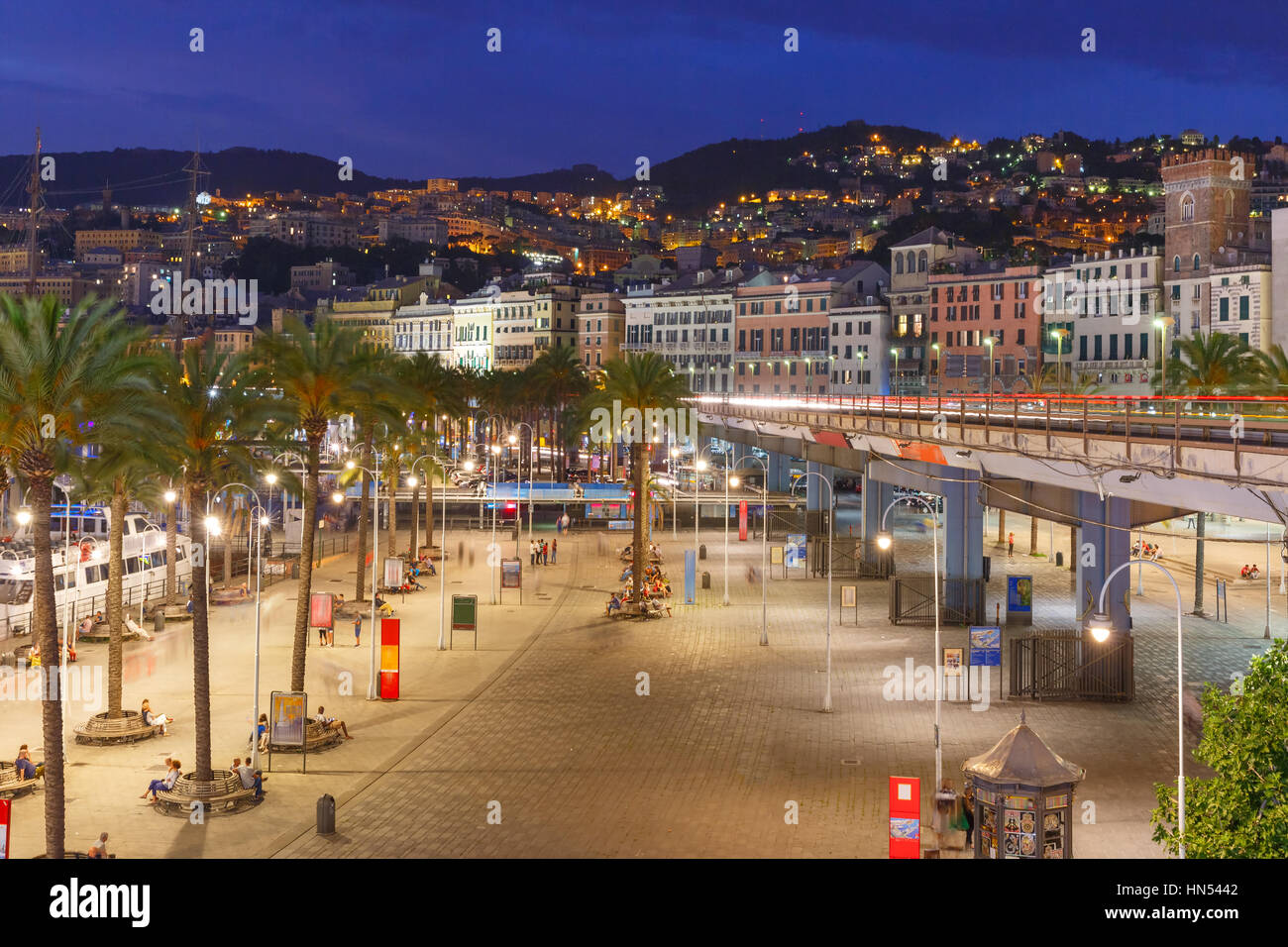 Old town and highway of Genoa at night, Italy. Stock Photo