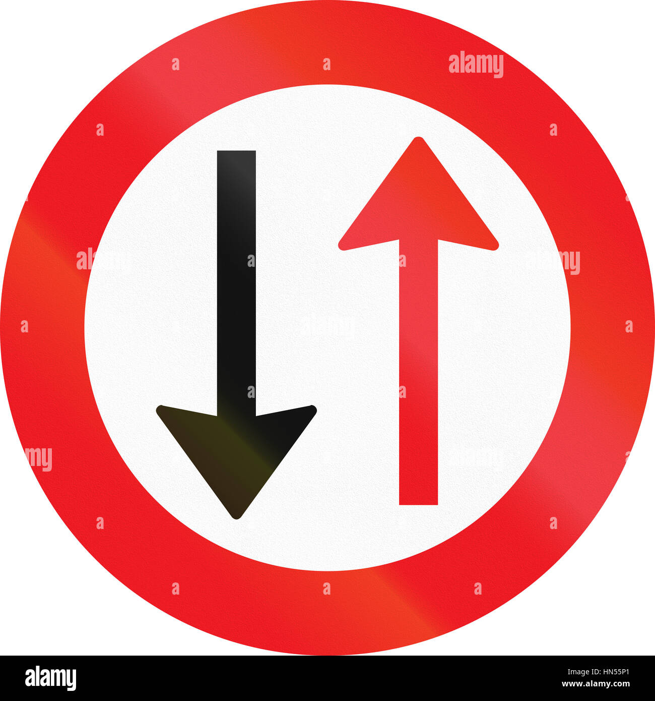 Road sign used in Denmark Give way to traffic Stock Photo