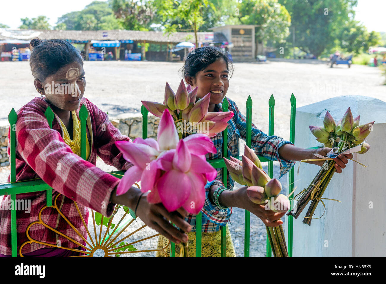 Myanmar (ex Birmanie). Kayin State (Karen State). Hpa An. Young sellers of lotus flowers at Kaw Gon Cave Stock Photo