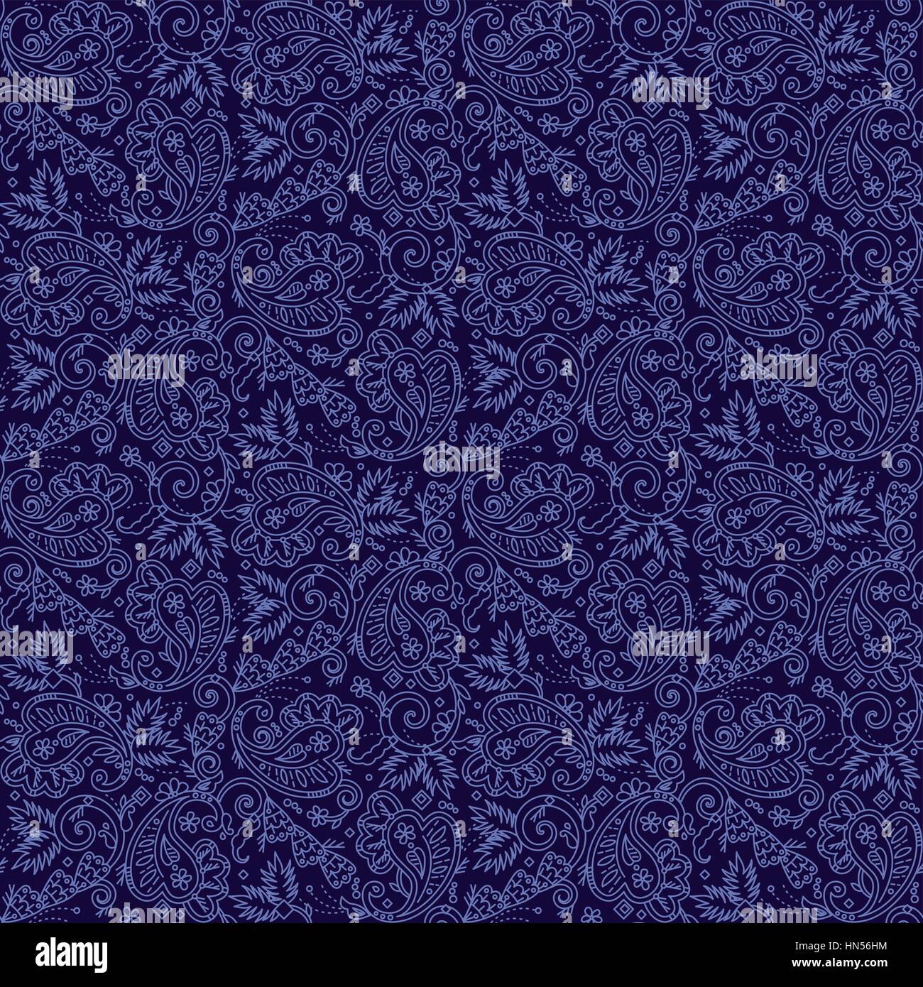 Seamless (you see 4 tiles) paisley pattern background (swatch, wallpaper, print, texture) of dark blue night colors. Vector and high res JPEG. Stock Vector