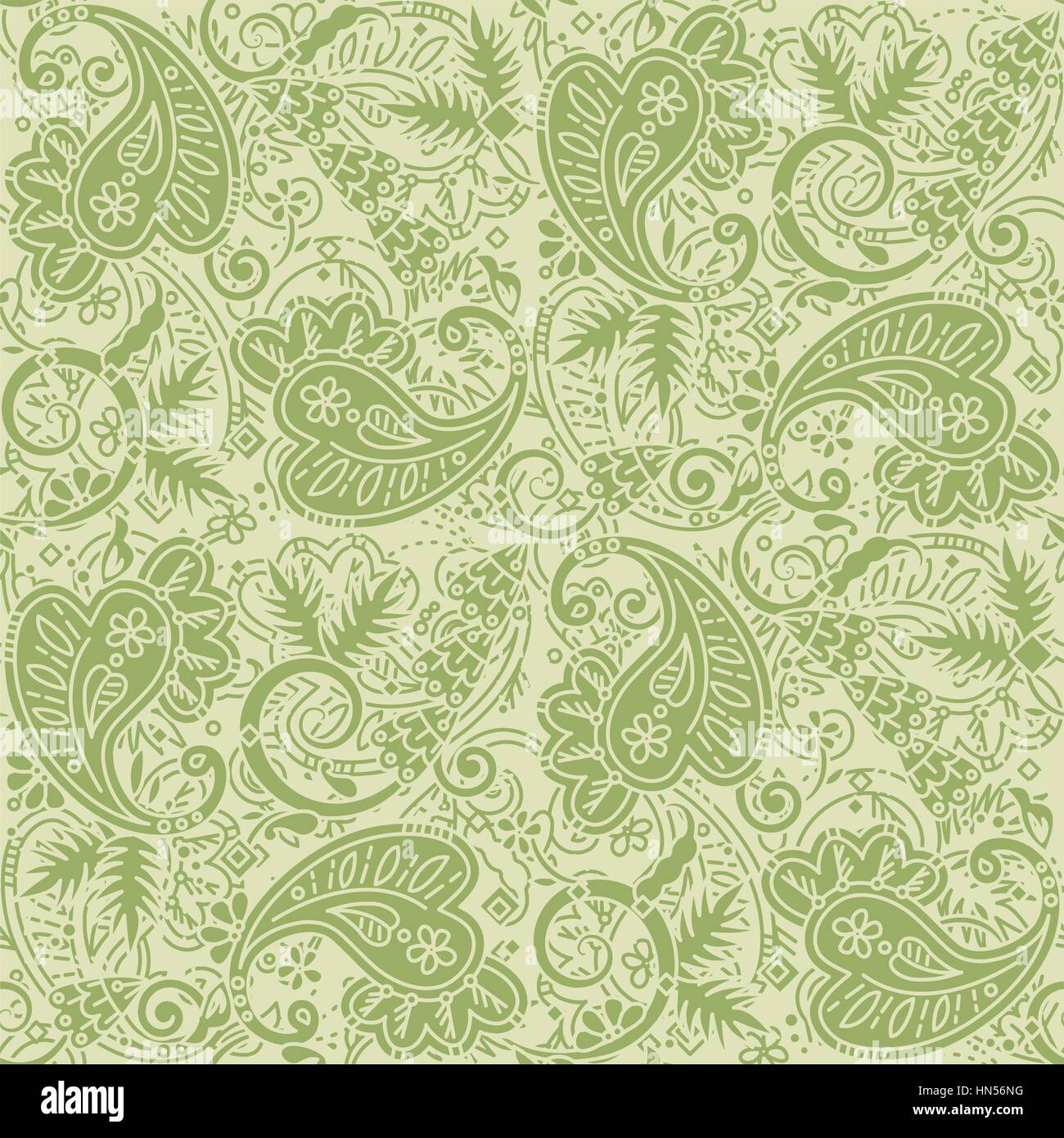 Seamless (easy to repeat) paisley pattern background (swatch, wallpaper, tile, print, texture), tan and green. Vector and high res JPEG. Stock Vector
