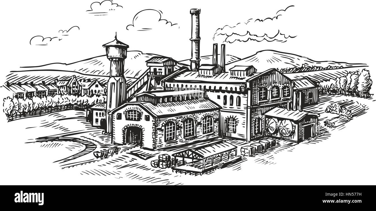 Industrial plant, factory sketch. Vintage building vector illustration Stock Vector