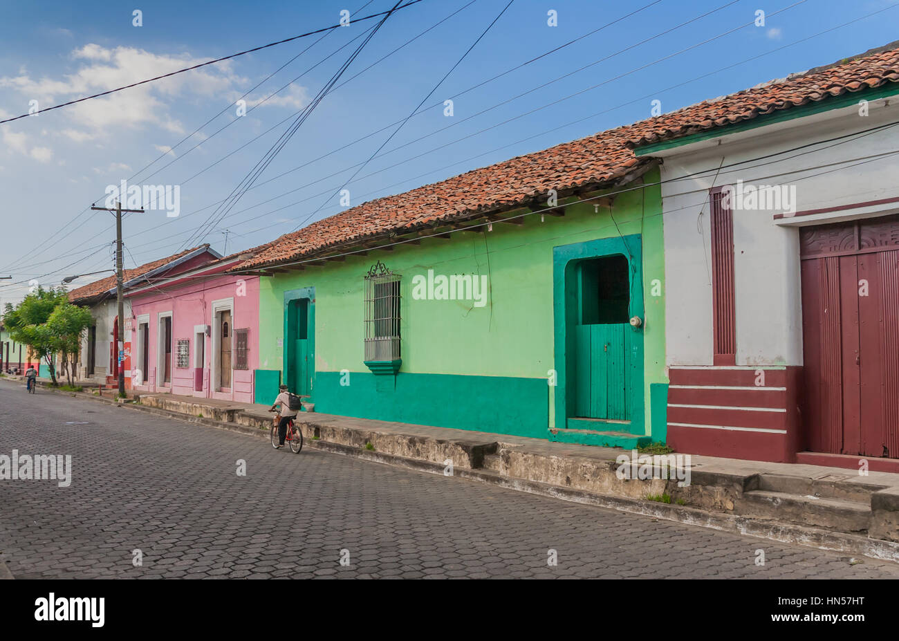 Street with colorful houses in Leon, Nicaragua Stock Photo Alamy