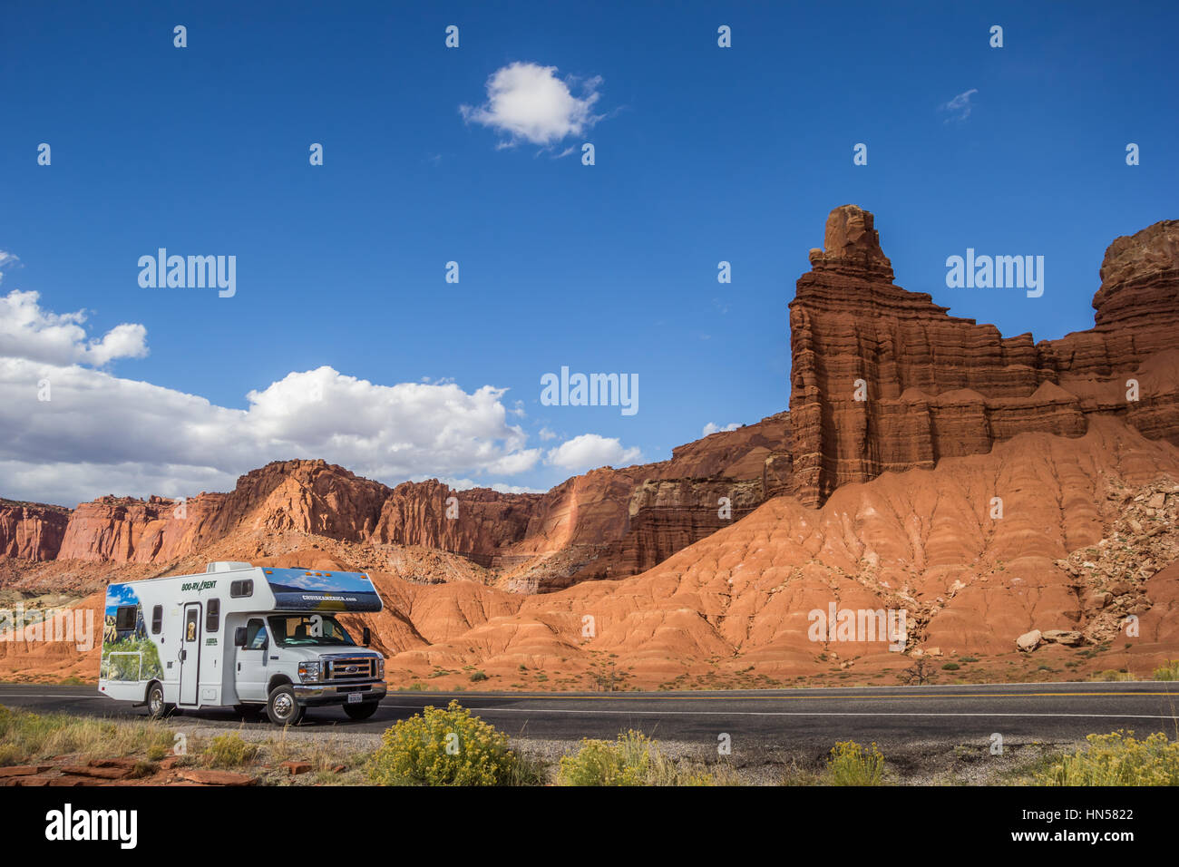 RV along a road in Capitol Reef National Park, USA Stock Photo
