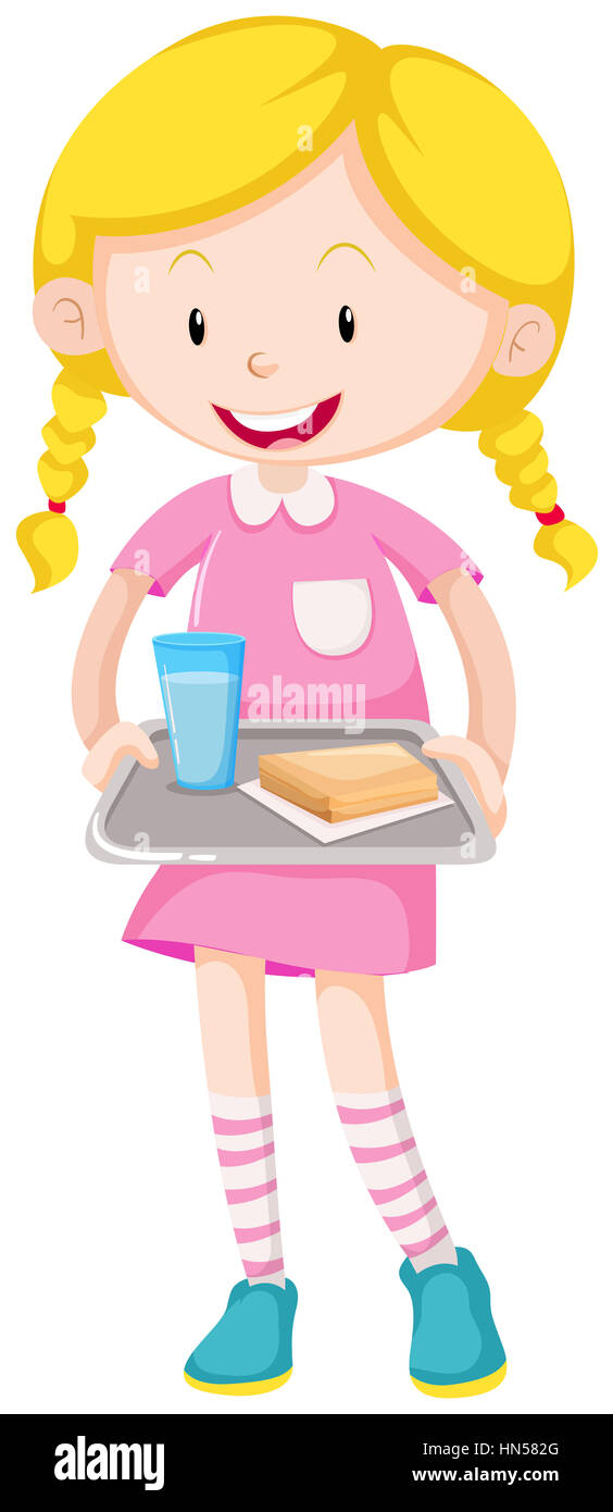 Girl holding tray of food illustration Stock Photo