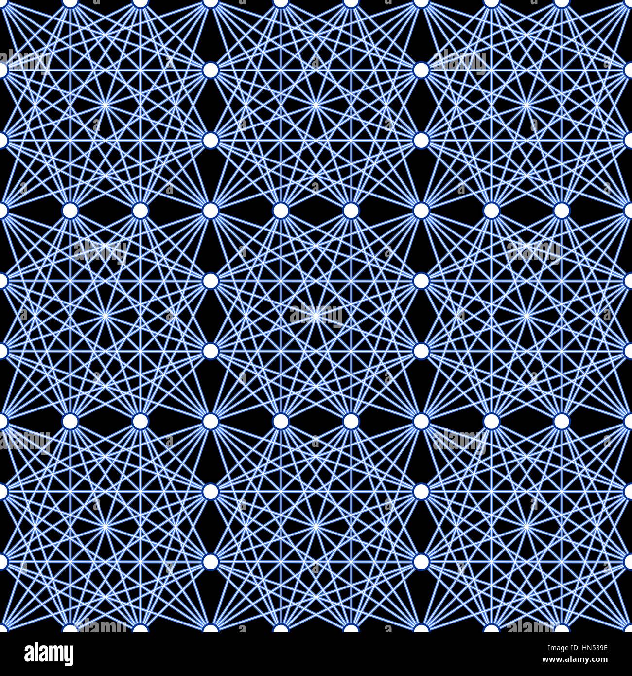 Intricate repeating square matrix pattern of neon lines on black