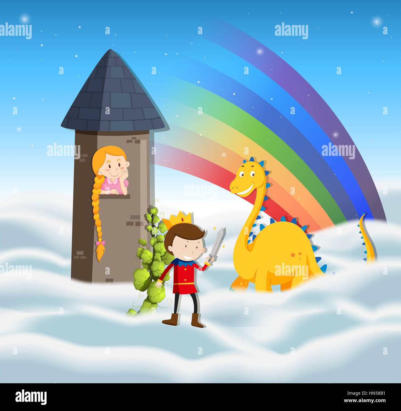 Prince and princess at the castle tower illustration Stock Photo - Alamy