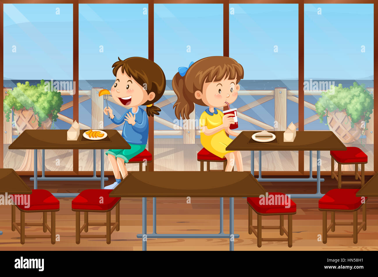 Two girls eating in the canteen illustration Stock Photo Alamy