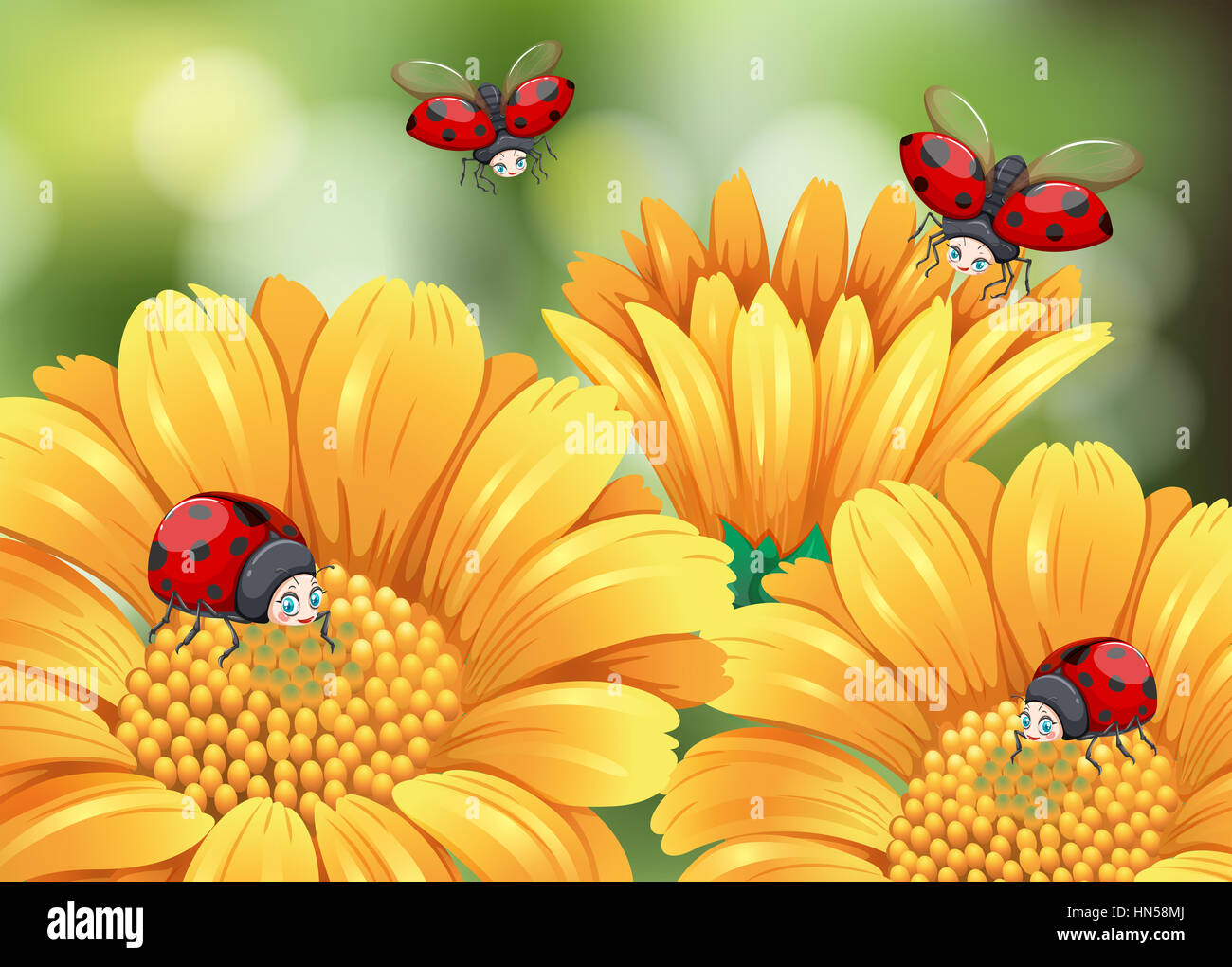Ladybugs flying in the garden illustration Stock Photo - Alamy