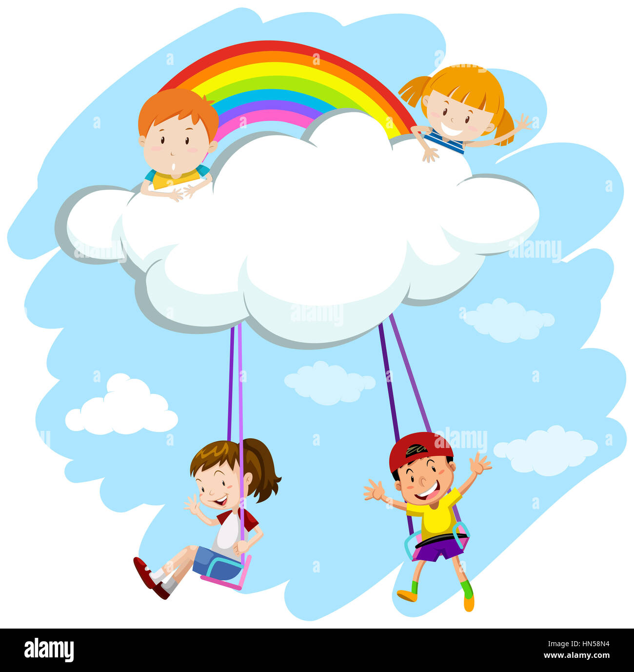Kids playing swing on clouds illustration Stock Photo - Alamy