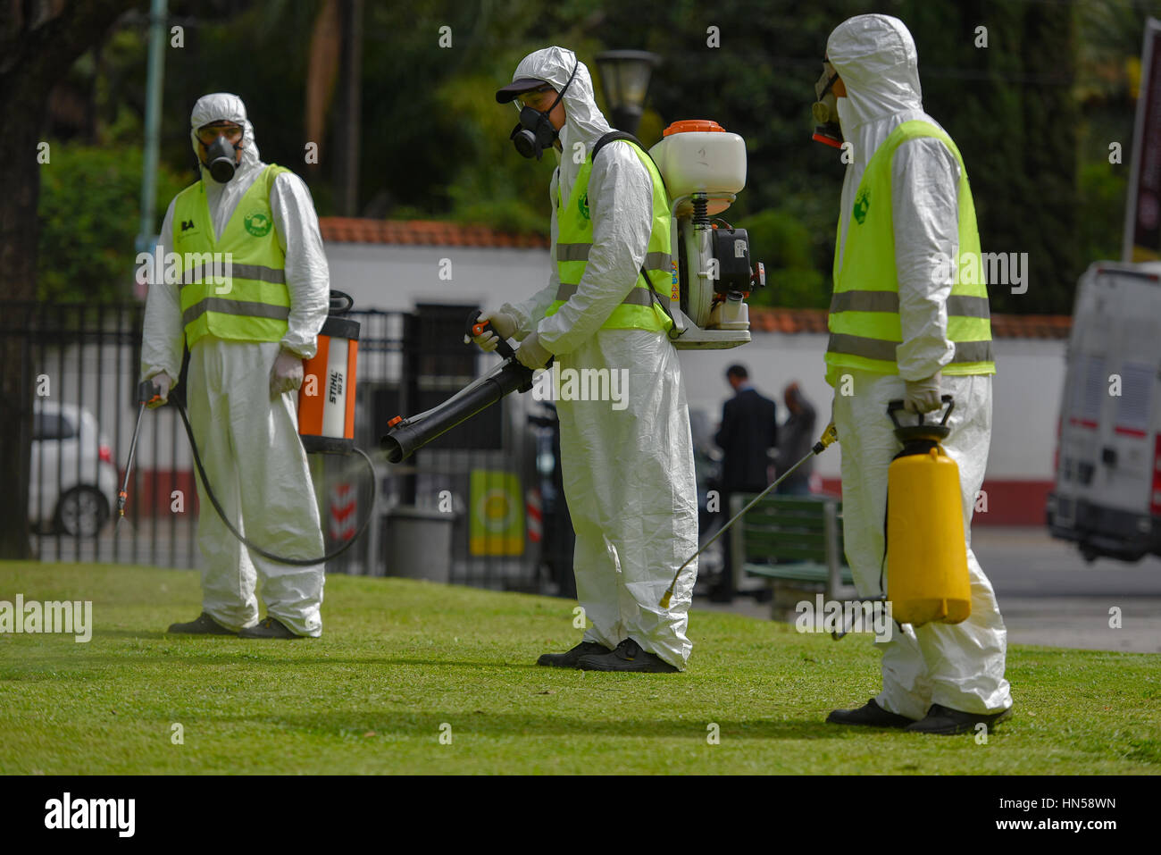 Buenos Aires, Argentina - March 3, 2016: Employees of the Ministry of Environment and Public Space fumigate for Aedes aegypti mosquitos. Stock Photo