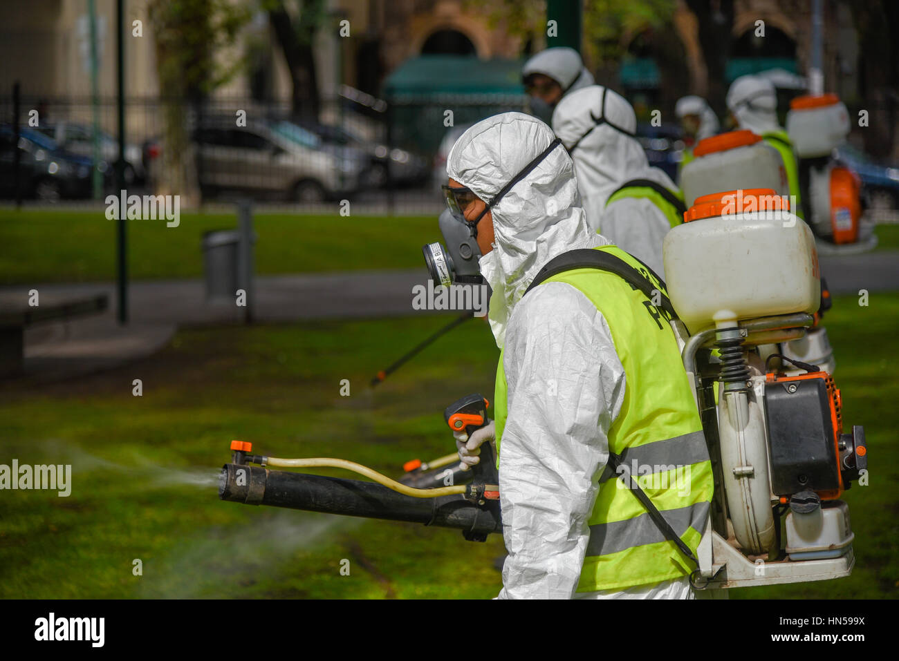 Buenos Aires, Argentina - March 3, 2016: Employees of the Ministry of Environment and Public Space fumigate for Aedes aegypti mosquitos. Stock Photo