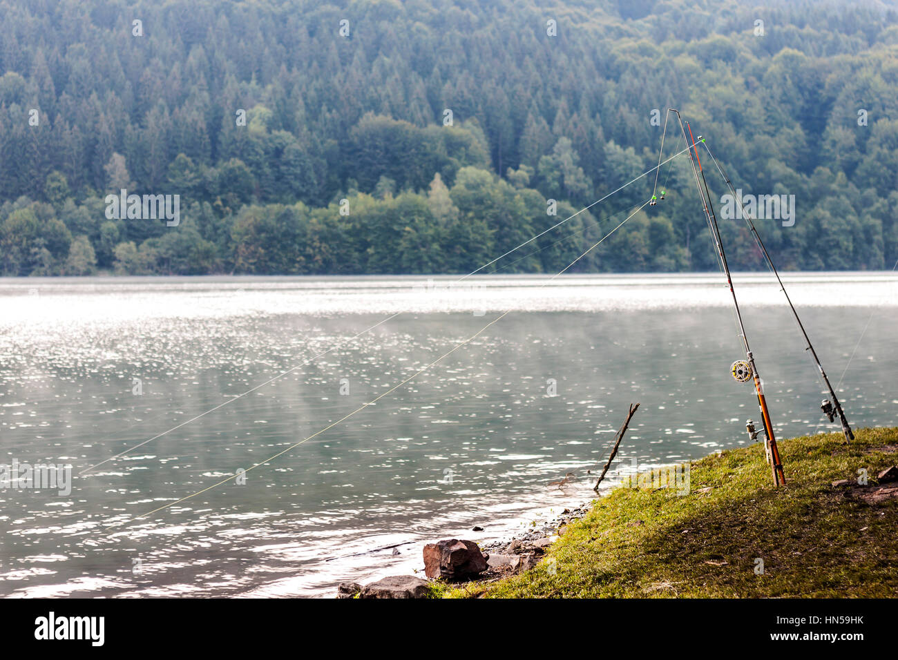 Fishing rod equipment on a lake in misty spring morning Stock Photo - Alamy