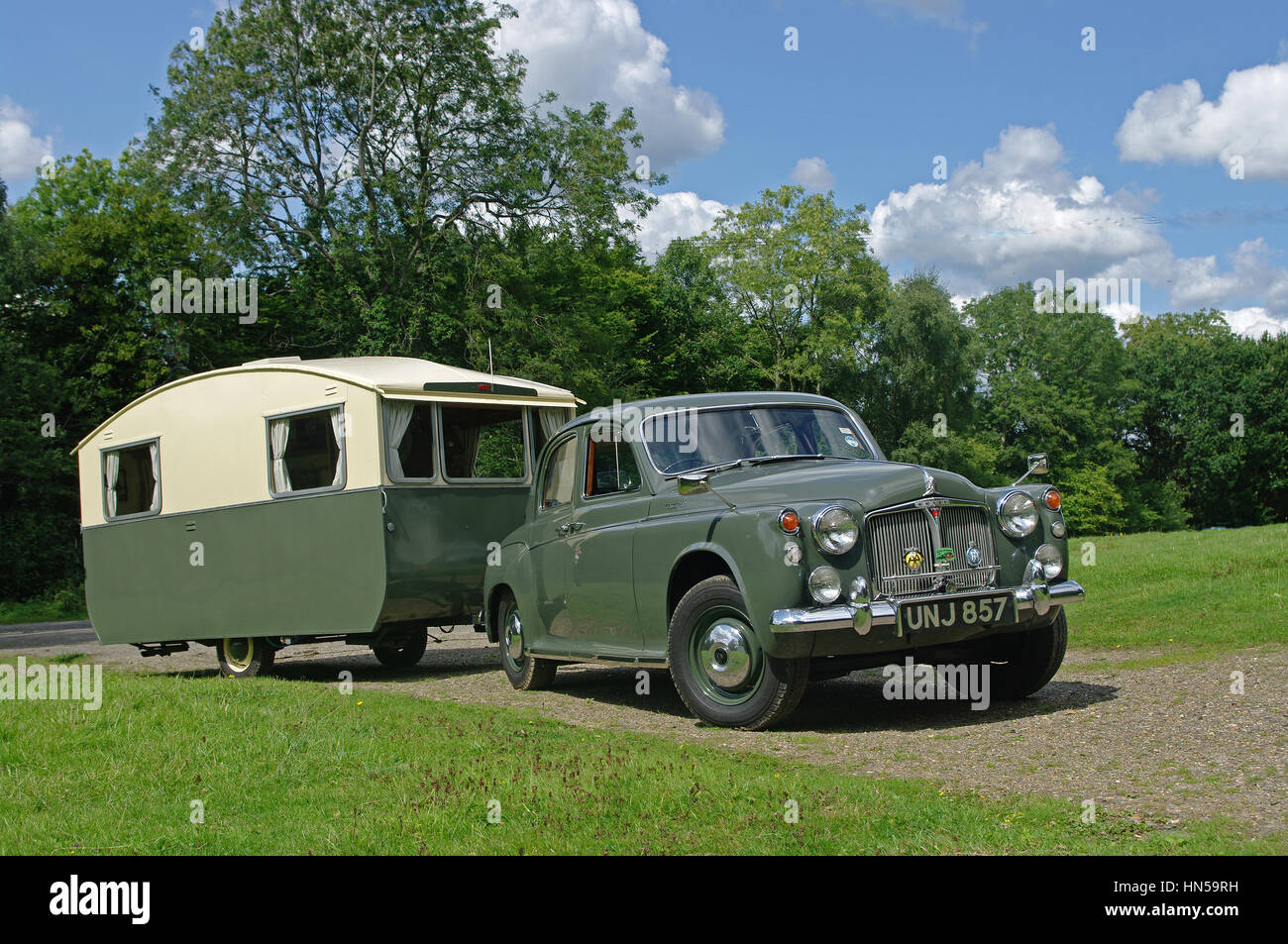 1962 Rover 100 and Period Caravan Stock Photo