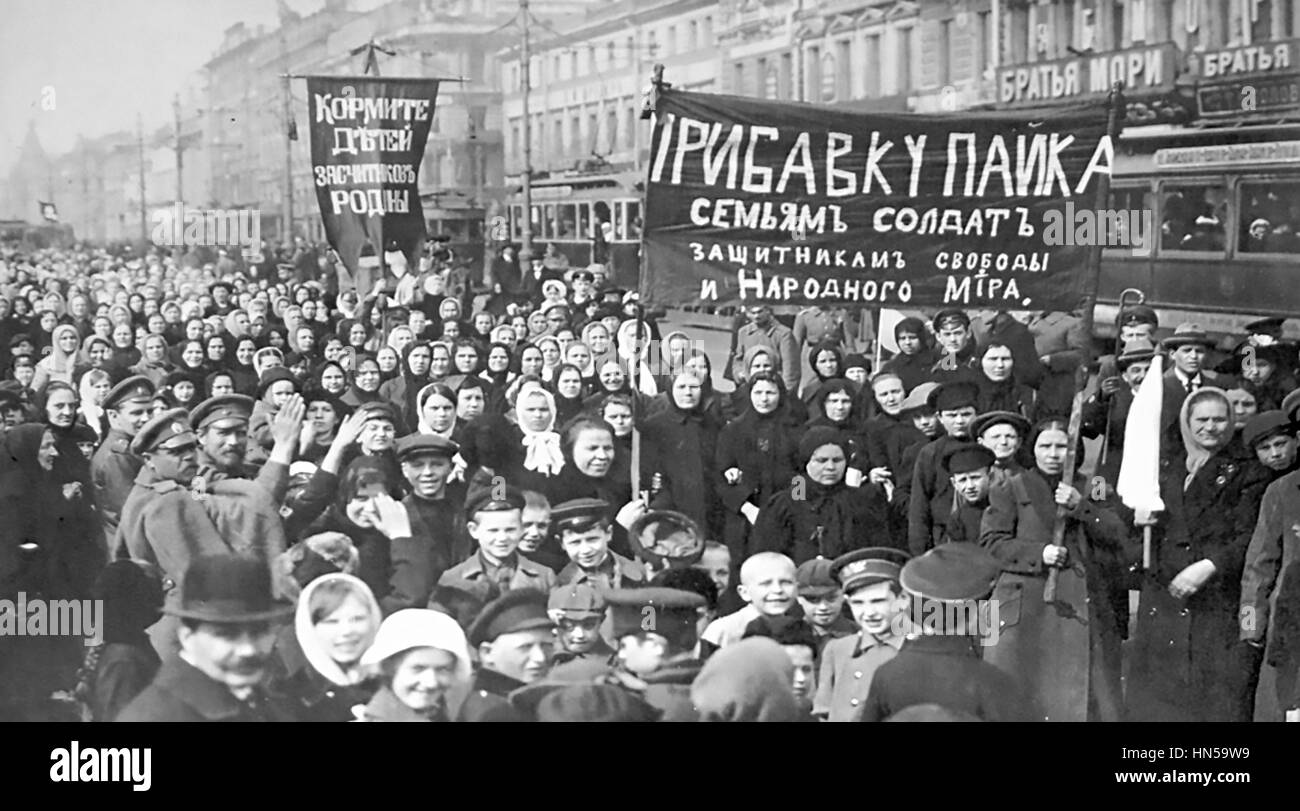 PUTILOV STRIKE 23 February 1917 by workers at the Putilov Mill in Petrograd (now St. Petersburg). Women strikers on International Women's Day. Stock Photo