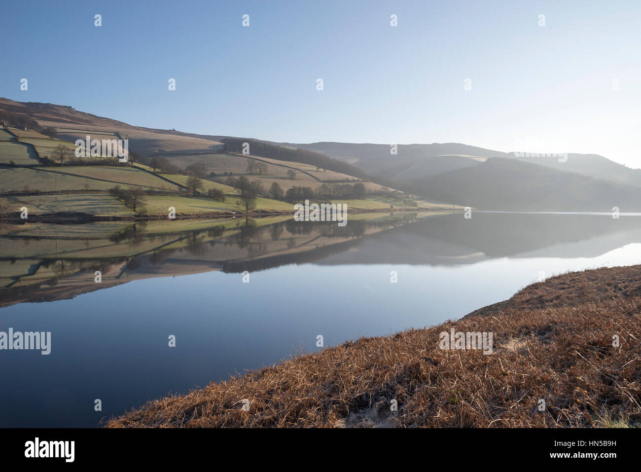 Beautiful winter morning at Ladybower reservoir, Peak District, Derbyshire, England Stock Photo