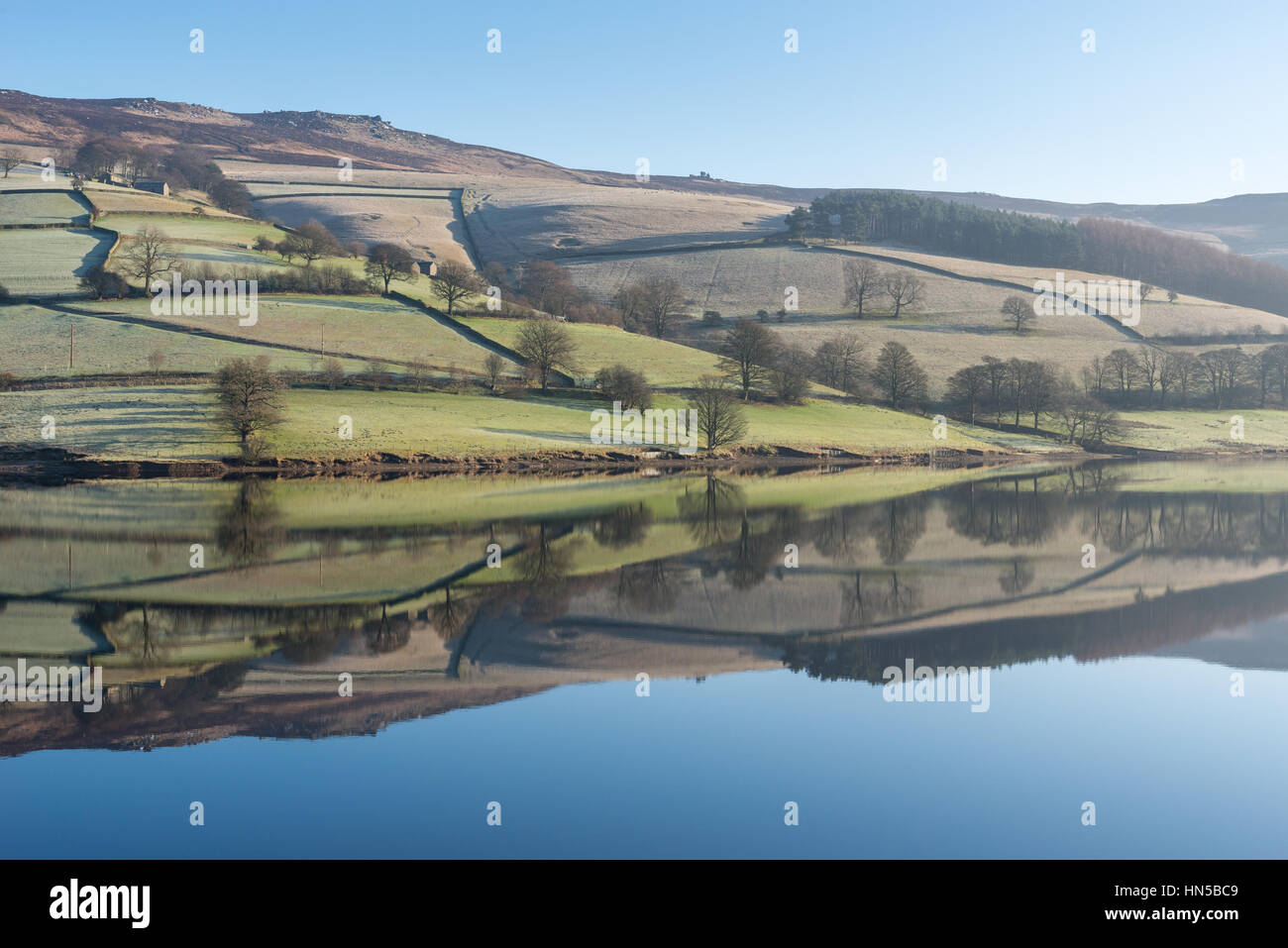 Reflections in still water at Ladybower reservoir, Peak District national park, Derbyshire, England Stock Photo
