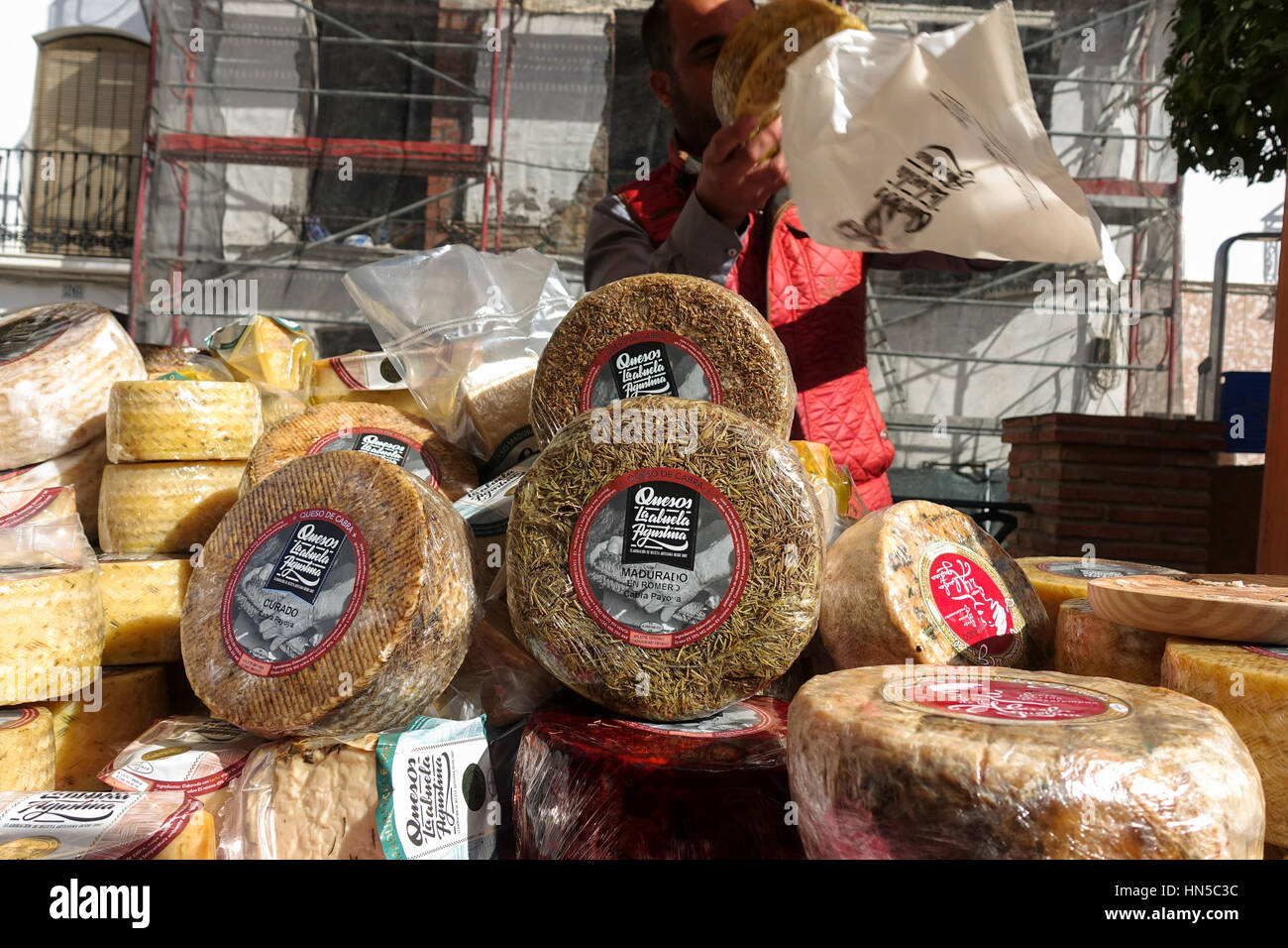 Spanish goat cheese cheeses on display at Fiesta de matanza, Annual