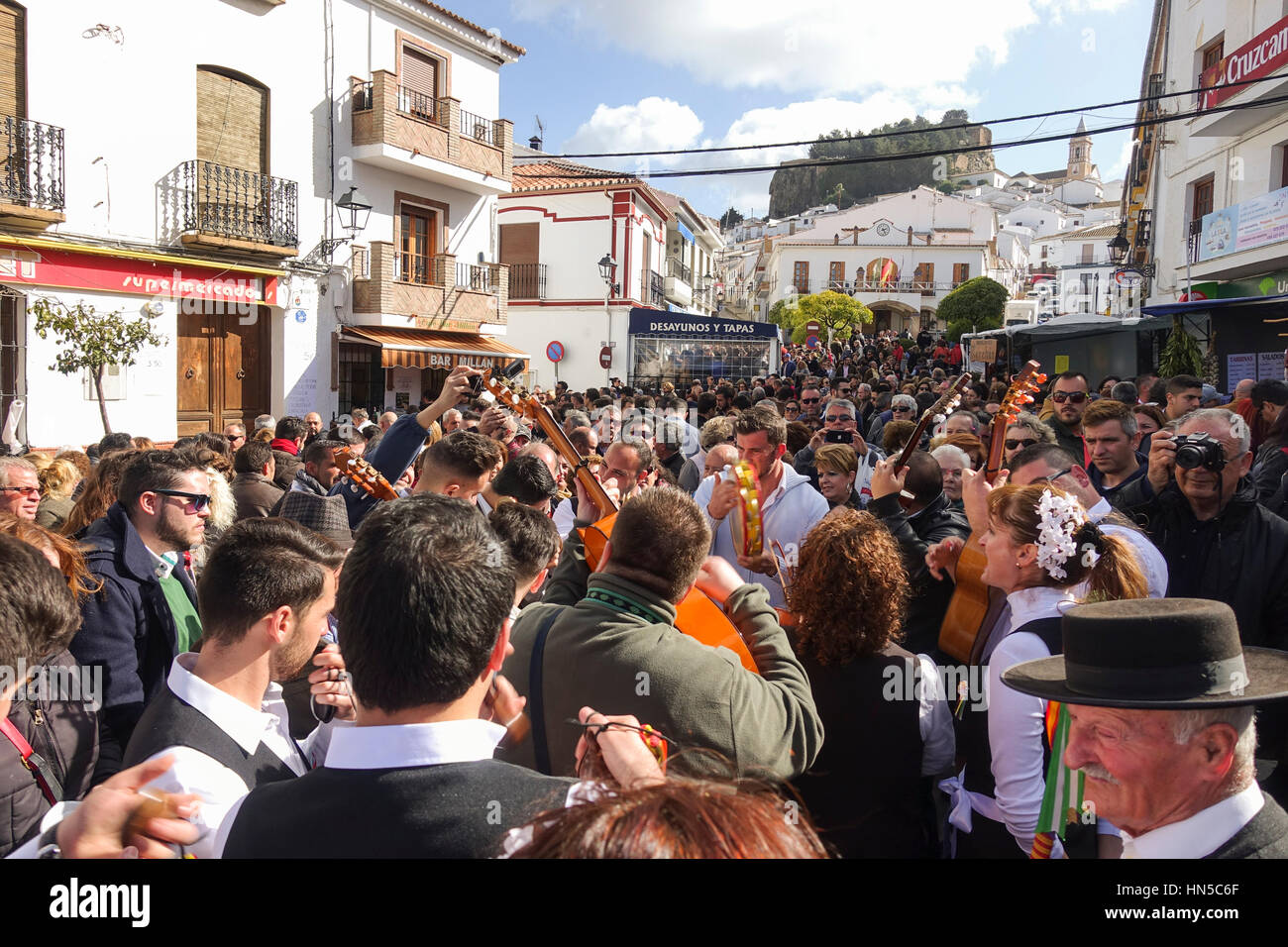 Crowd at Fiesta de matanza, Playing verdiales, Annual Celebrations in Ardales.Andalusia, Spain. Stock Photo