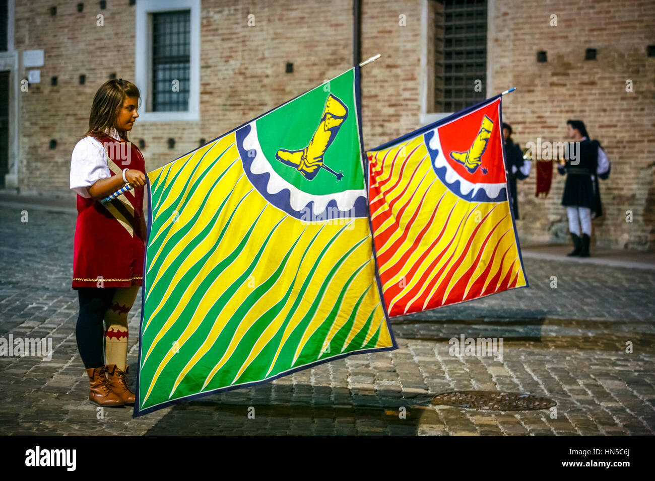 Italy Marche Urbino Festa del Duca  night show of flag-wavers Stock Photo