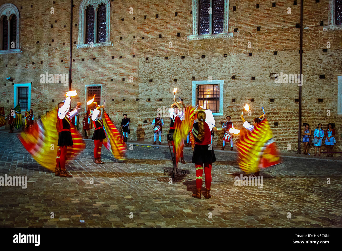 Italy Marche Urbino Festa del Duca  night show of flag-wavers Stock Photo