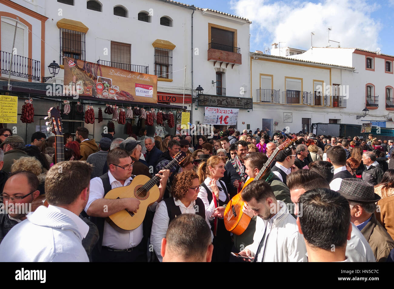 Crowd at Fiesta de matanza, Playing verdiales, Annual Celebrations in Ardales.Andalusia, Spain. Stock Photo