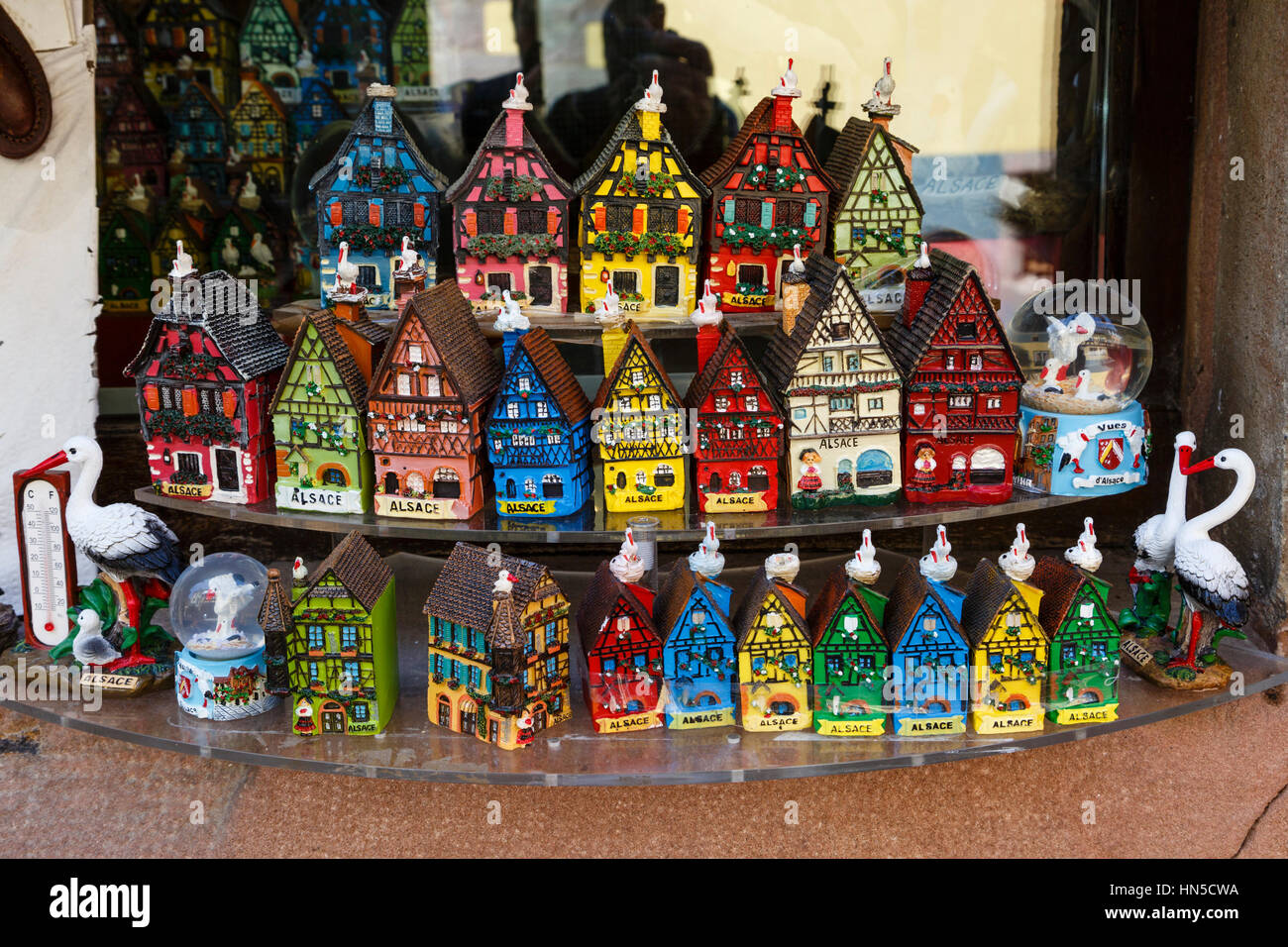 Souvenirs in a shop window at Riquewihr, Alsace, France Stock Photo
