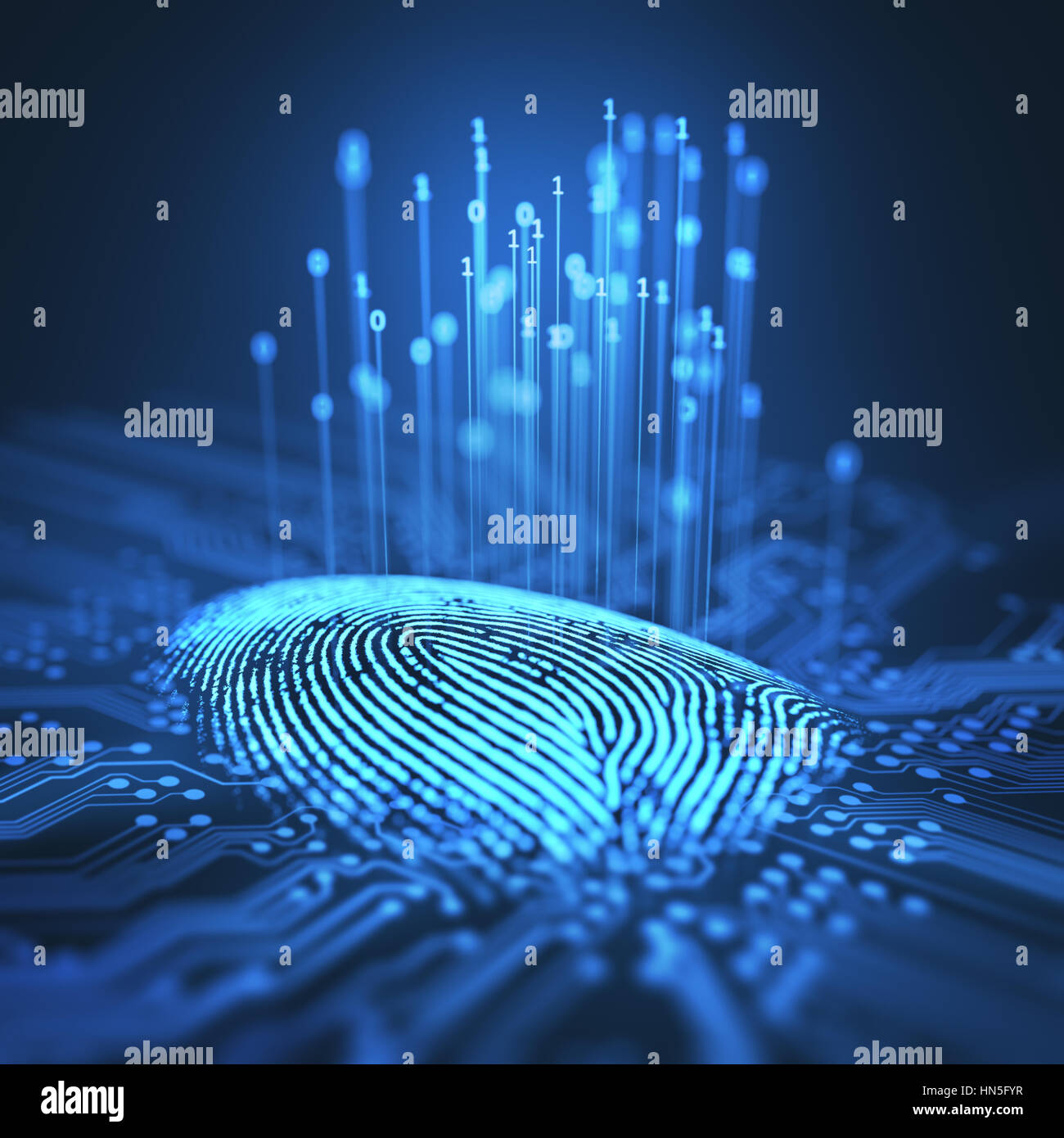 3D illustration. Fingerprint integrated in a printed circuit, releasing binary codes. Stock Photo