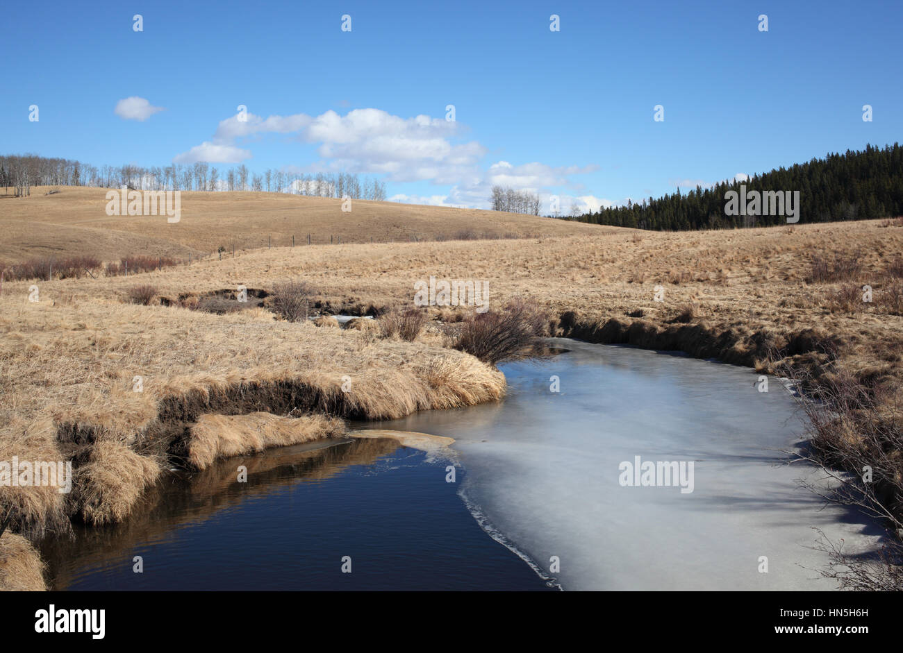 Frozen Albertan prairies in early spring near Calgary Stock Photo
