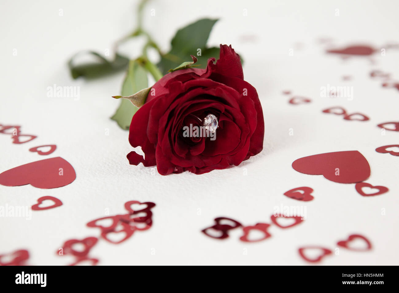 Close-up of red rose with a diamond ring surrounded by heart-shaped decoration Stock Photo