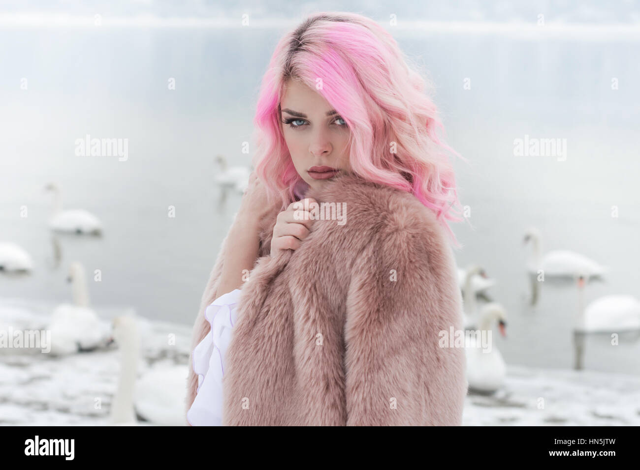 Beautiful girl with pink hair. Morning's fog. Swans on the river. Stock Photo