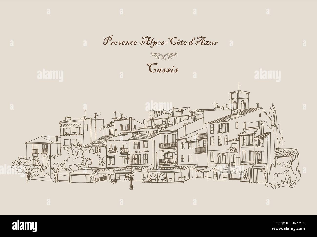 Street cafe in old city. Cityscape - houses, buildings and tree on alleyway. Old city view. Medieval european castle landscape. Pencil drawn editable  Stock Vector