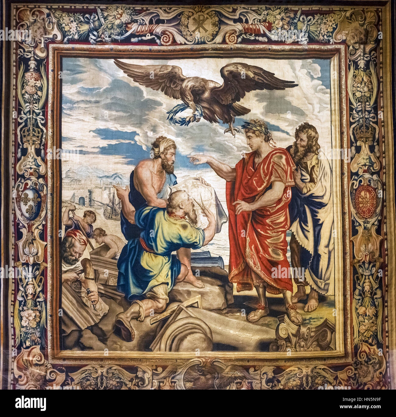 One of the twelve Constantine Tapestries designed by Peter Paul Rubens and Pietro de Cortona in the 1600s. The Tapestries depict the life of the Roman Emperor Constantine the Great. Stock Photo