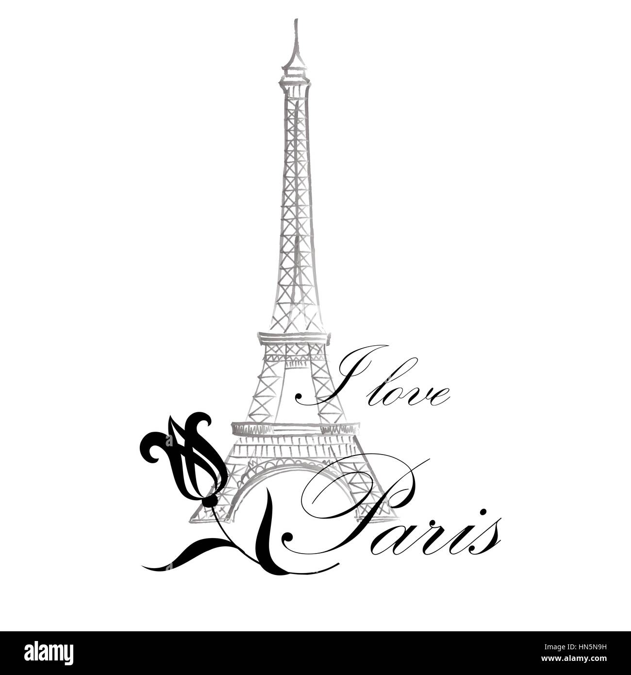Floral Paris Illustration Famous Paris landmark Eiffil Tower. Travel France Graphic Design Stock Vector