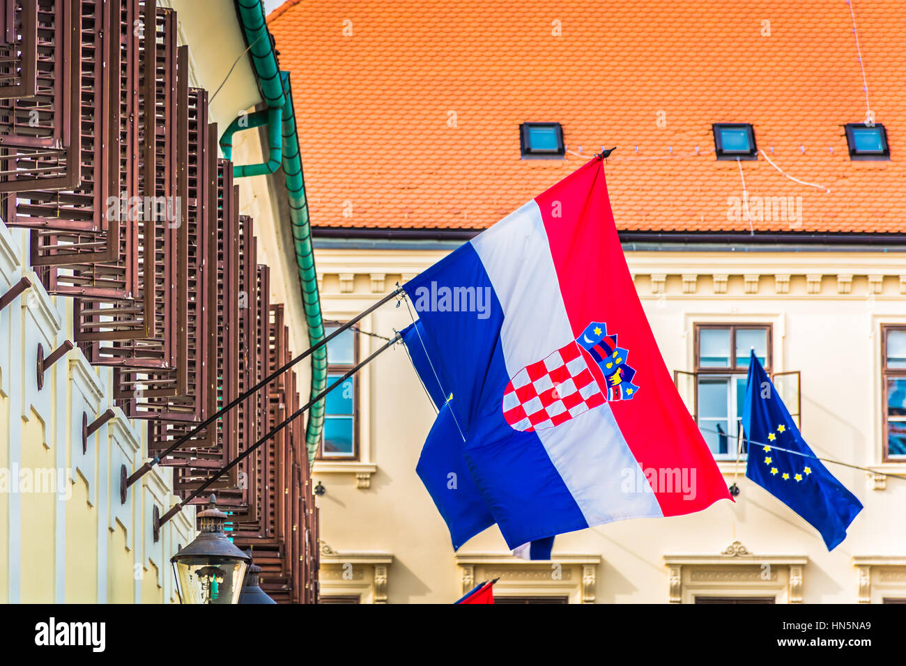 Croatian flag view on main square St. Mark in Zagreb upper town, Croatia. Stock Photo