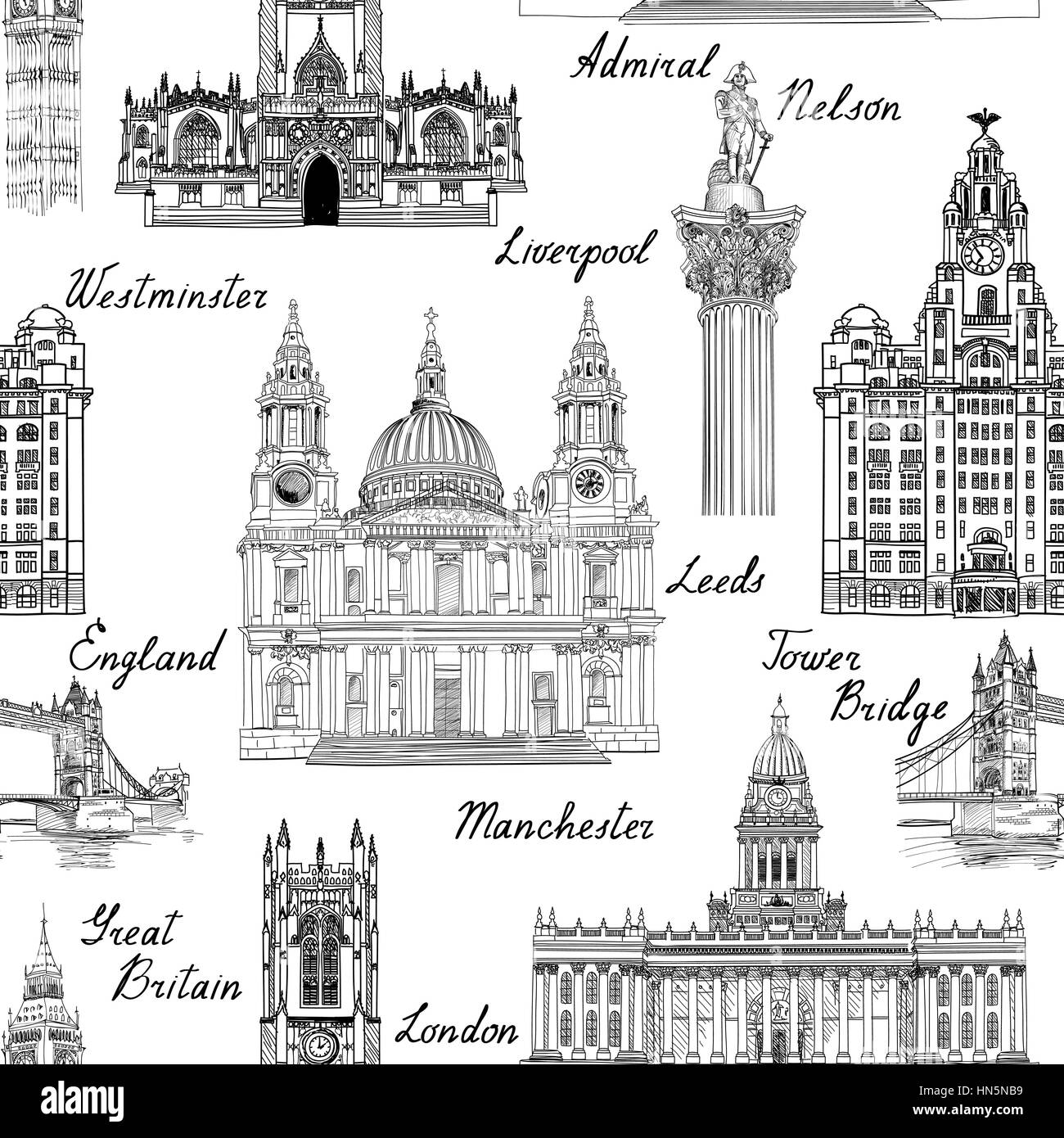 Travel  England UK famous cities landmark with handmade calligraphy. London city, Manchester, Liverpool, Leeds seamless pattern for your design. seaml Stock Vector