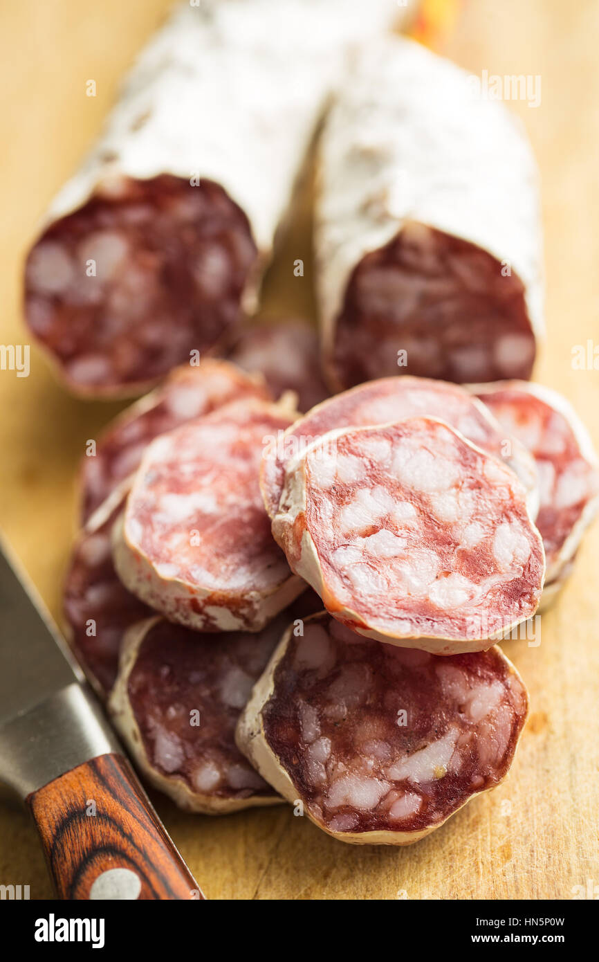 Tasty sliced salami with white mold Stock Photo Alamy
