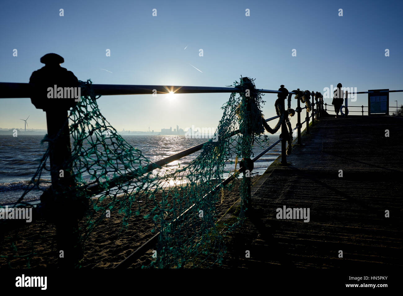 Dog walking at Liverpool bay golden sunrise from New Brighton beach in