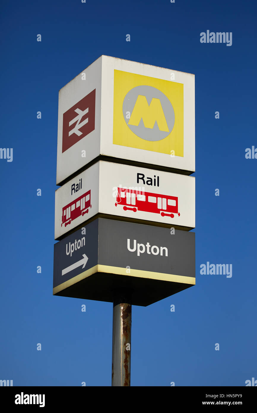 Blue sky on a sunny day, Upton railway station sign in Wallasey, Merseyside, Wirral, England, UK. Stock Photo