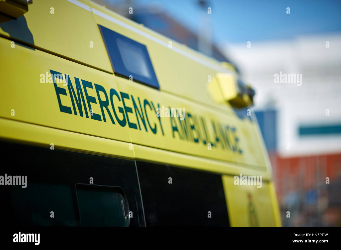 liveried ambulances parked on duty in designated bays at Manchester Royal Infirmary  accident and emergency department Stock Photo