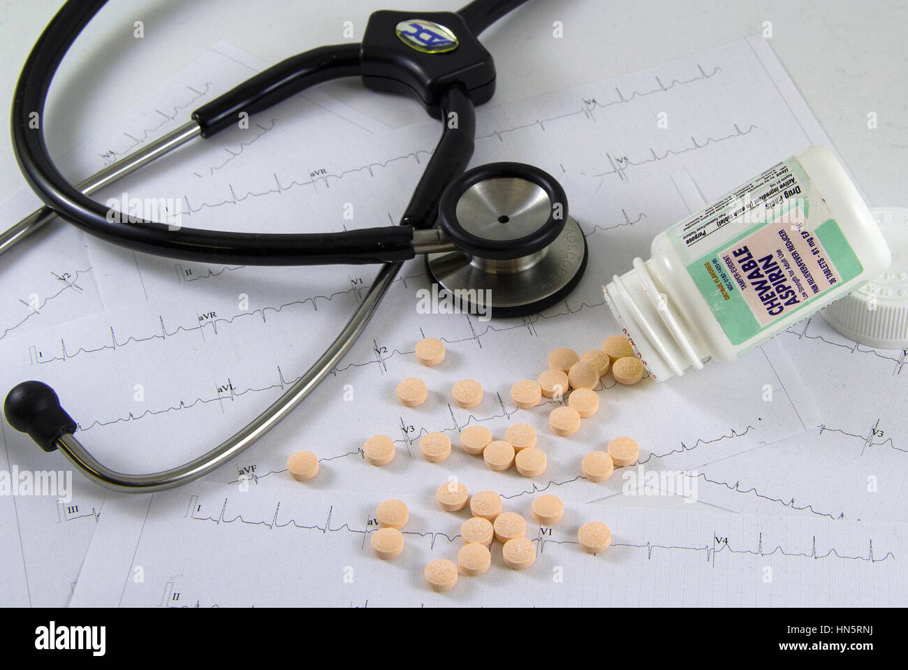 Low dosage aspirin plays a role in prevention of heart attacks and stroke for high risk patients. Stock Photo