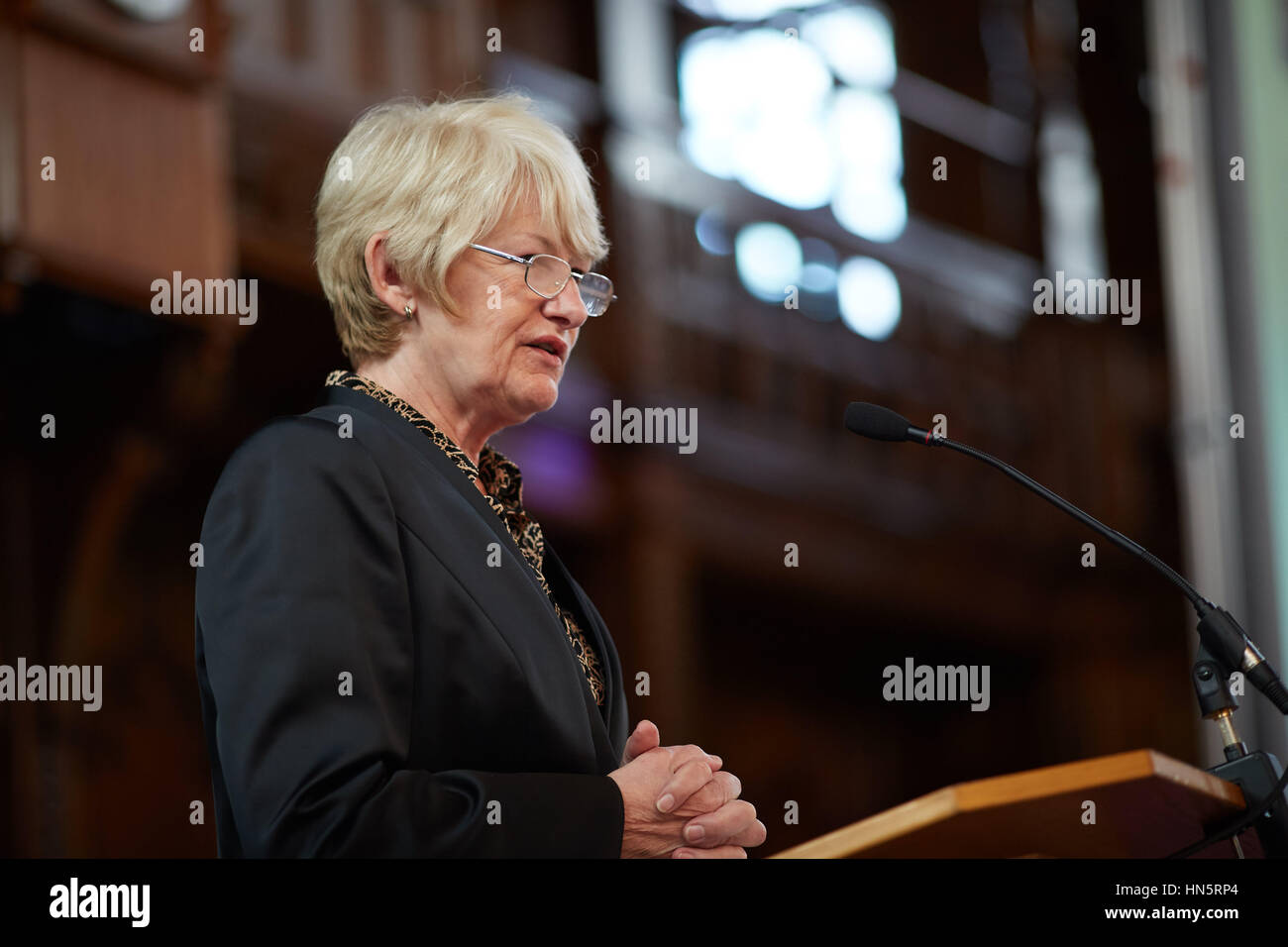 Portrait a speech presentation talk of President and Vice-Chancellor Dame Nancy Rothwell of Manchester University in England, UK. Stock Photo
