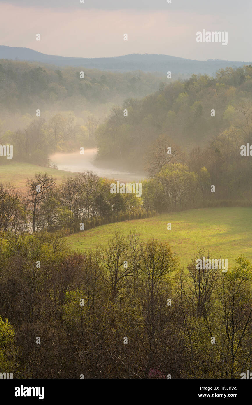 The Little Buffalo River flows through the Ozark Mountains of Arkansas on a misty morning in spring. USA Stock Photo
