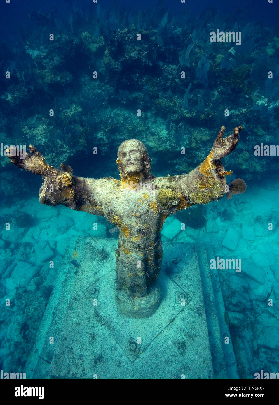 Looking downward at the underwater Statue of Christ of the Abyss Stock Photo Alamy