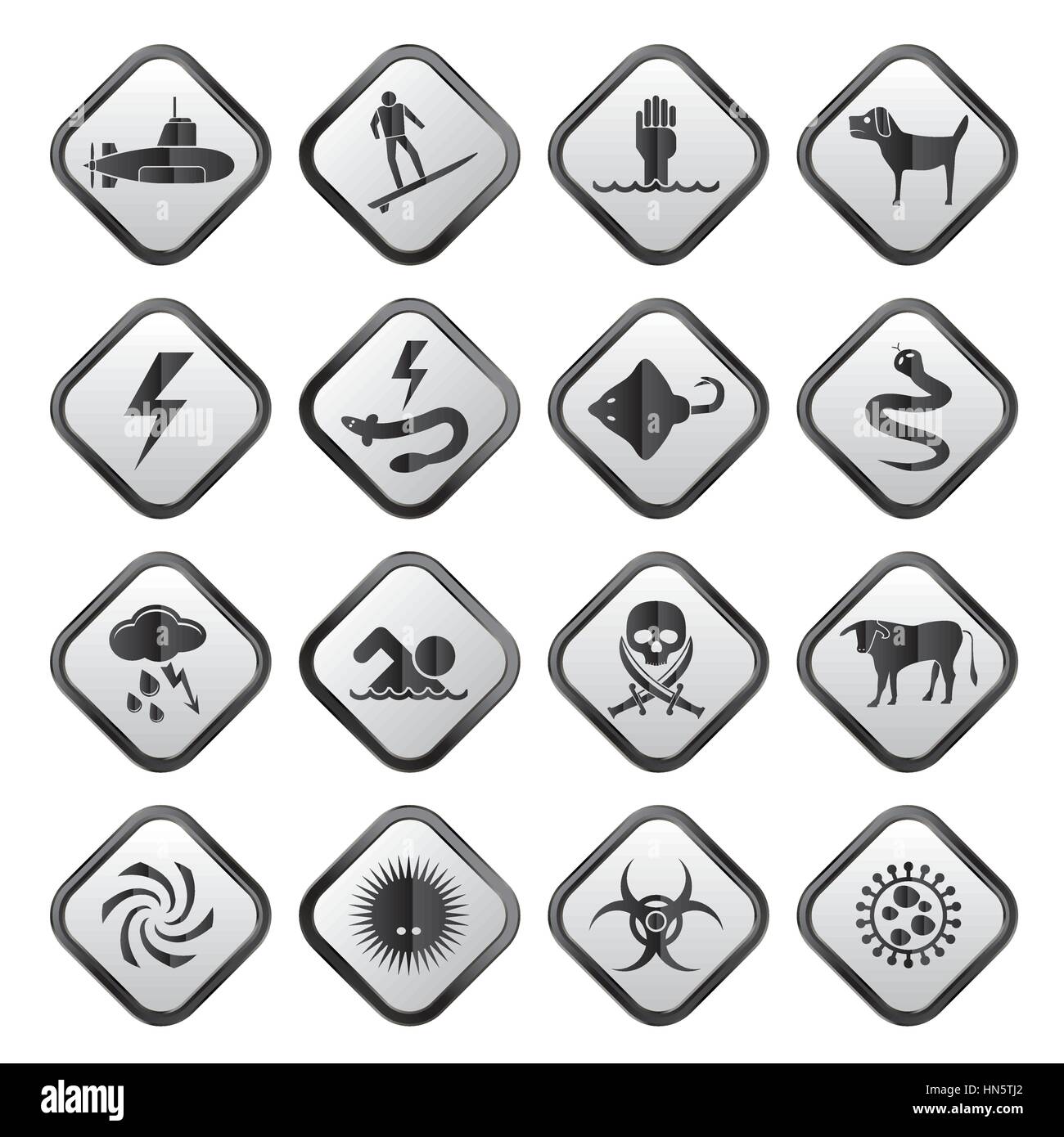Warning Signs for dangers in sea, ocean, beach and rivers - vector icon set 2 Stock Vector